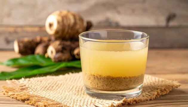 Traditional kava drink made from ground roots beside raw kava root