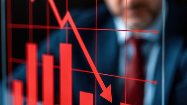 Business professional observing a sharp downward trend on a financial stock market graph, signifying economic decline.