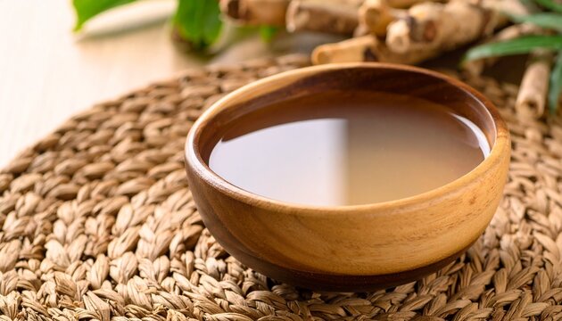 Traditional kava root beverage in a wooden bowl on a woven mat
