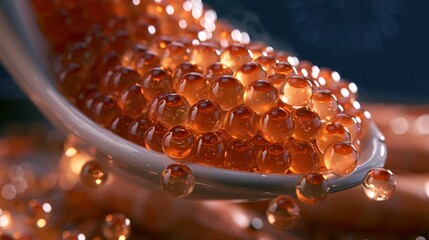 Obraz premium Close-up Macro Shot of Salmon Roe Caviar Pearls on a Spoon, Showcasing Texture and Rich Orange Color