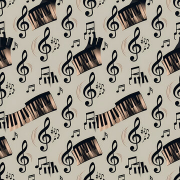 Harmonic piano keys and swirling treble clefs on soft warm greige seamless pattern background