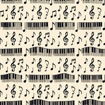 Classical music piano keys and treble clefs on white seamless pattern background