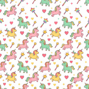 Playful unicorns magic wands and sparkles on white seamless pattern background