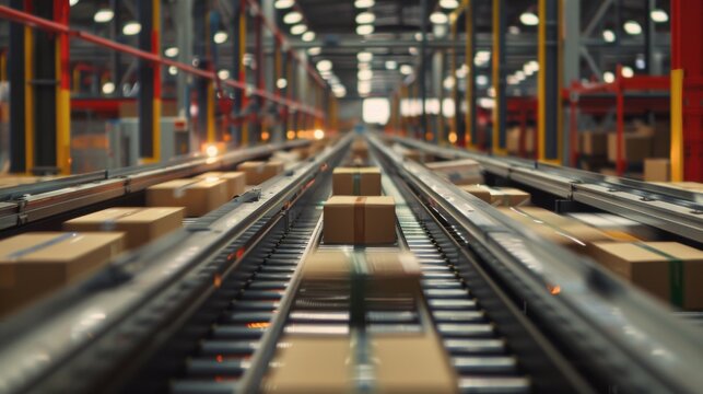 Hyperrealistic shot capturing automated parcel sorting with small chutes Canon EOS R5 24mm lens at f8