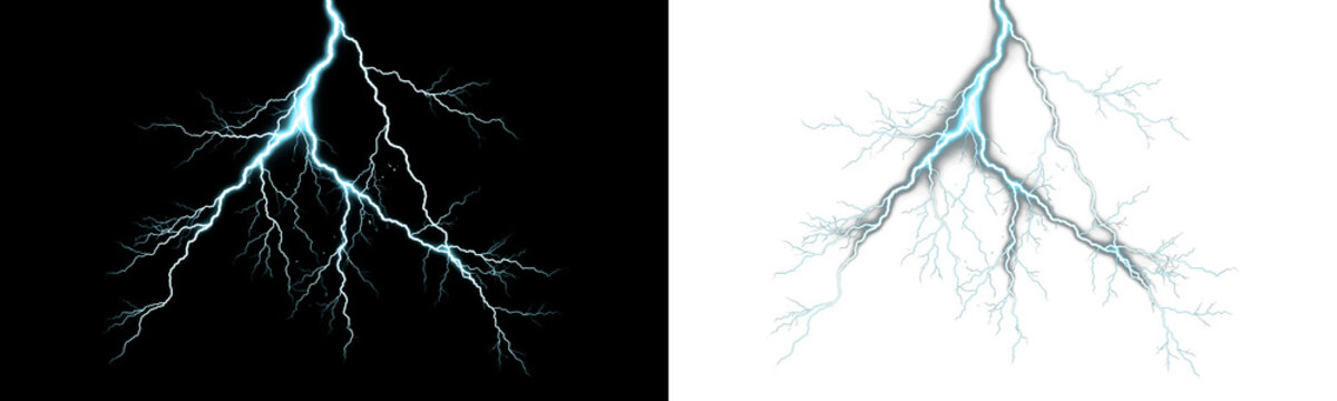 Lightning bolt strike with branching electrical discharge on black and transparent backgrounds