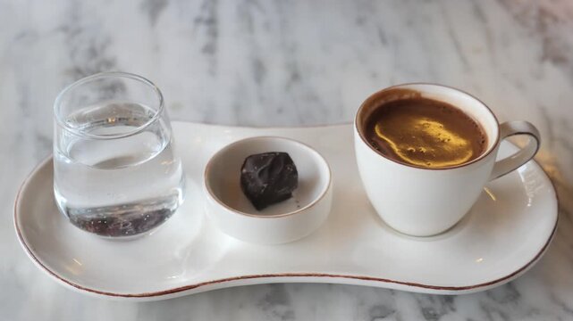 Hand picking chocolate truffle from small bowl next to coffee and water