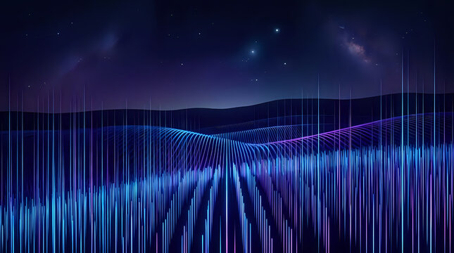 Abstract data visualization with glowing vertical light bars in a nighttime landscape glowing lines night landscape digital field abstract energy