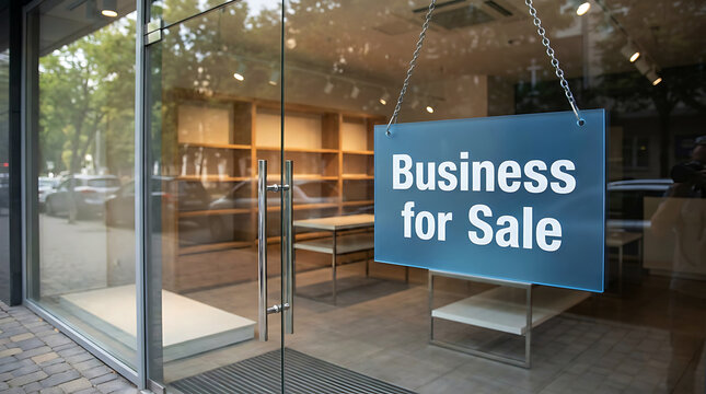 A blue sign hanging on glass door of an empty retail store interior.