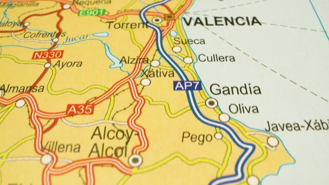 road routes connecting alicante and valencia,spain &ndash; moving across atlas map