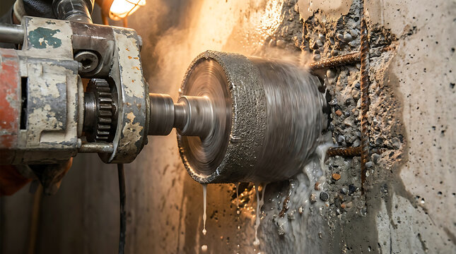 Industrial core drilling machine cutting through reinforced concrete wall