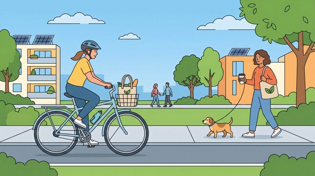 Flat vector illustration of citizens cycling with groceries and walking a dog on a wide pedestrian path in a green solar city.