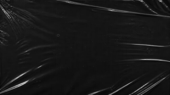 Black Plastic Wrap Texture Background with Wrinkles and Reflections.