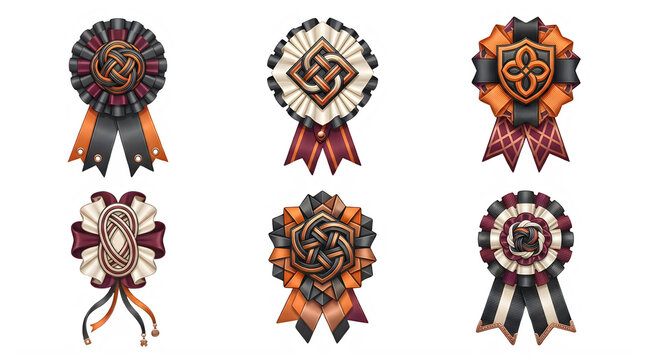 Vintage braided ribbon prize emblems, classic rosette award badges design elements, ornate wreath premium quality labels isolated PNG with Transparent Background halloween