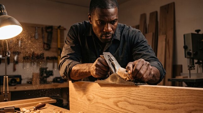 A focused black male carpenter uses a traditional hand plane to smooth a wooden plank while working in his dimly lit professional woodworking studio filled with various tools and lumber