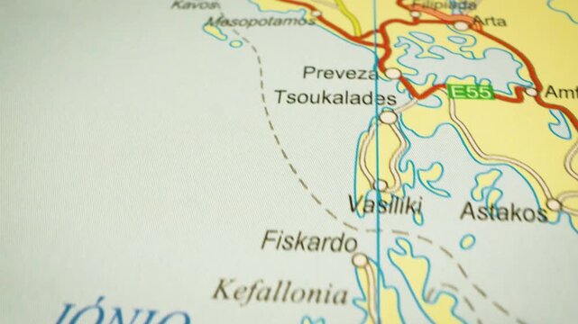 travel route from zakynthos to kerkyra, greece &ndash; gliding view over atlas map