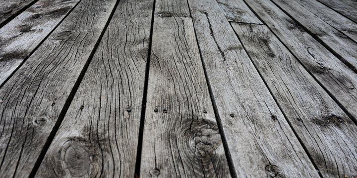 weathered, grey wooden deck boards with visible grain patterns and knots. abstract texture background banner