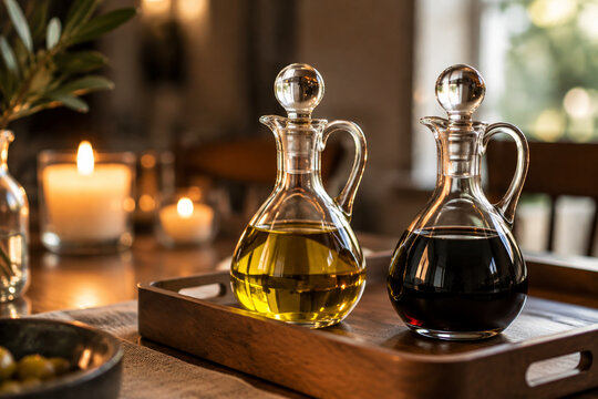 A pair of glass cruets on a wooden tray reflecting warm candlelight.