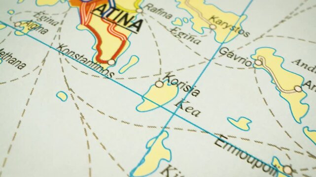 travel route from cyclades islands to athens, greece &ndash; gliding over atlas map