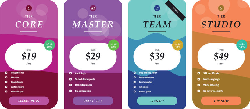 Modern mobile app subscription pricing cards design Vector