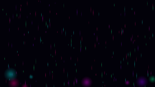 Neon light streaks falling as digital rain with bokeh effect on black background graphic