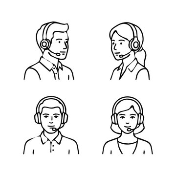 A set of four black and white line art portraits depicting diverse call center representatives wearing headsets with microphones, ready to assist customers through internet communication