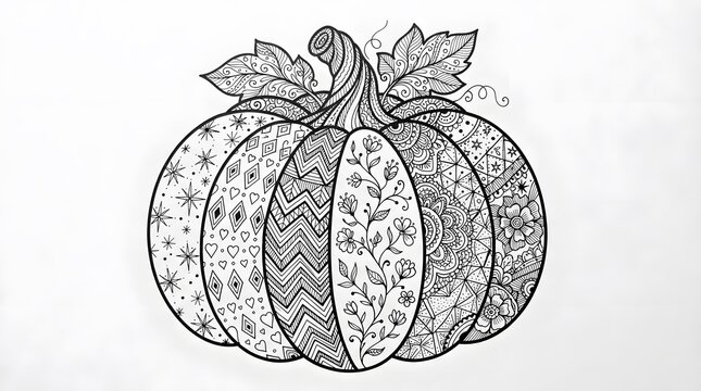 Intricate pumpkin with detailed zentangle patterns and floral designs, adult coloring page, isolated on white background
