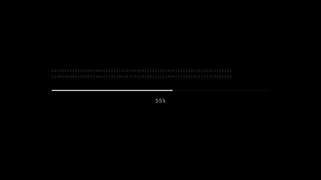 Binary code loading bar with numeric status on a minimalist dark black backdrop.