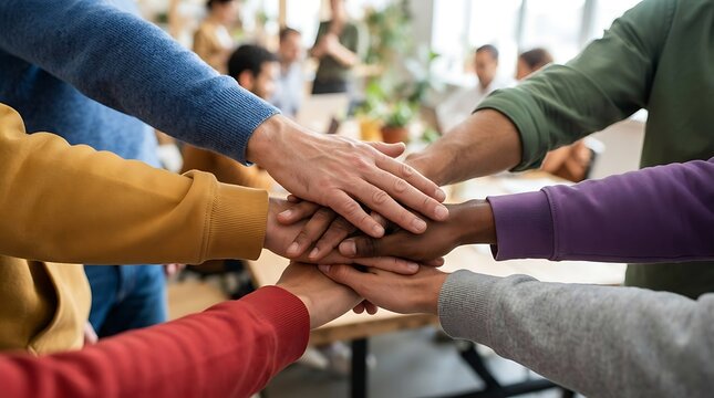 Diverse business team stacking hands in unity at office meeting