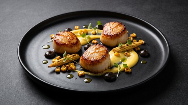 Pan-Seared Sea Scallops with Sweet Corn Velout&eacute; and Charred Baby Corn Plating