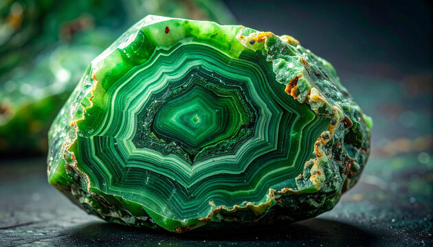 Radiant Green Agate: A mesmerizing cross-section of a green agate stone, revealing intricate concentric rings and vibrant emerald hues. A captivating natural formation with unique texture and depth.