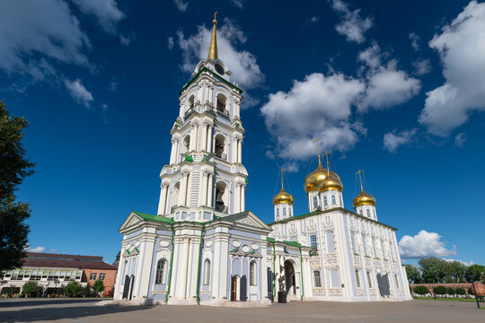 Captivating beauty of Cathedral of the Assumption in Tula Russia shines against a brilliant blue sky
