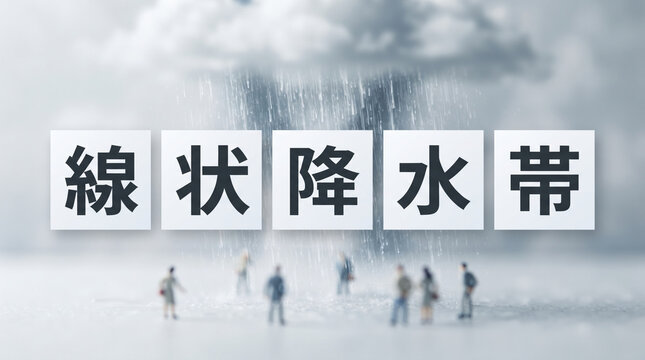 「線状降水帯」の文字を表示して大雨と気象災害の恐怖を表現したビジュアル素材