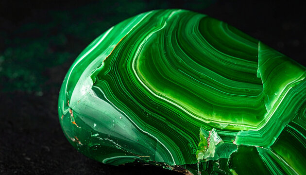 Polished Malachite Gemstone: A stunning close-up of a polished malachite gemstone, showcasing its vibrant green hues and unique banded patterns, with a dark, textured background.