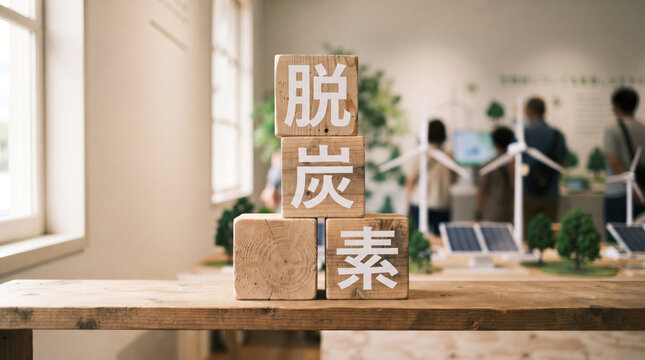 「脱炭素」の文字を刻んだ積み木と再生可能エネルギーのイメージ素材