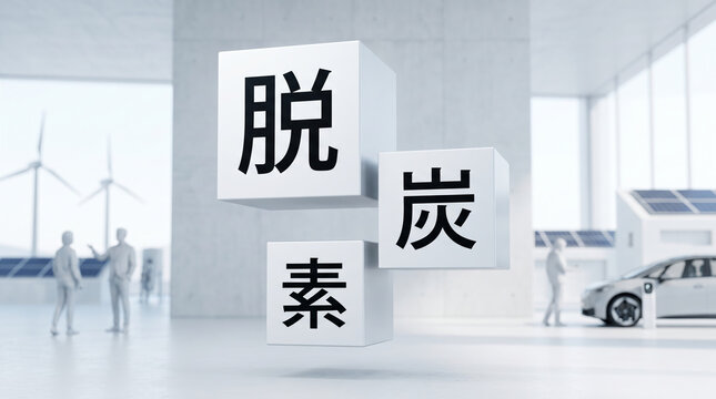 「脱炭素」の文字を立体キューブで表現した環境とビジネスの概念画像