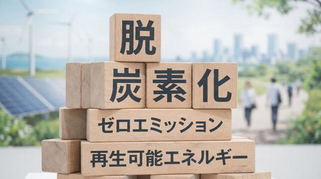 積み木で表現した「脱炭素化」「ゼロエミッション」「再生可能エネルギー」のコンセプト画像
