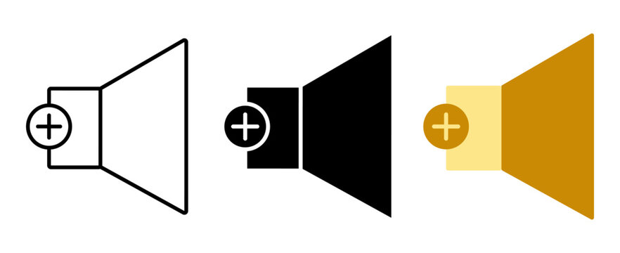 Audio volume increase and speaker sound icon set in line icons, silhouette, and flat color styles