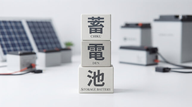 「蓄電池」の文字とソーラーパネルやバッテリーの概念画像
