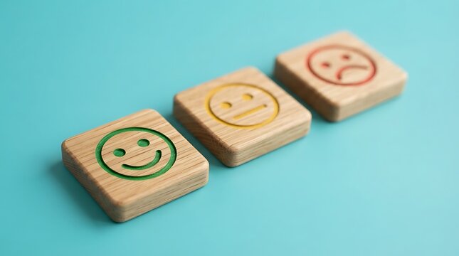 Three wooden blocks with facial expressions representing happiness, neutral, and sadness on turquoise background