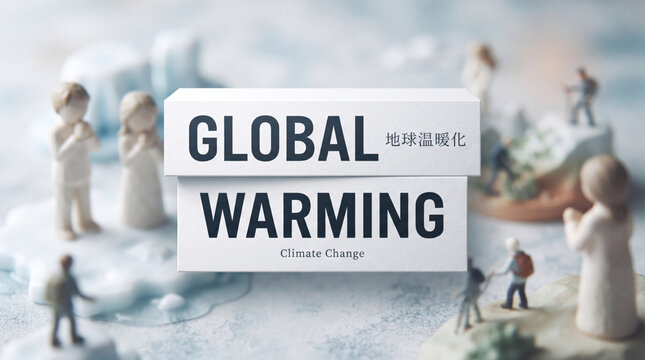 「地球温暖化」の文字を表現した環境問題と気候変動のイメージグラフィック