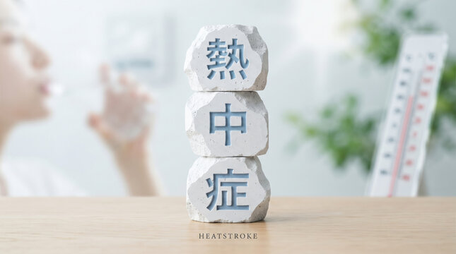 室内での水分補給と「熱中症」対策を表現したコンセプト画像