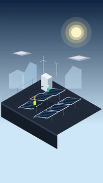 Pixel art isometric solar power station with glowing panels at night under a full moon