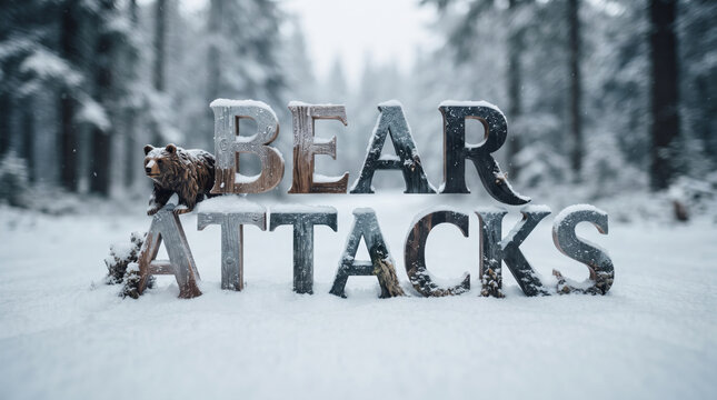 雪の森とクマの被害を表現した「クマ被害」の文字グラフィック素材