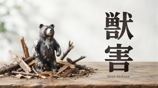 クマによる害や農被害を表す「獣害」の筆文字テキストとクマのフィギュア