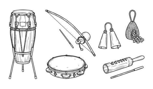 Capoeira Brazilian Musical Instruments Black Outline Vector Set