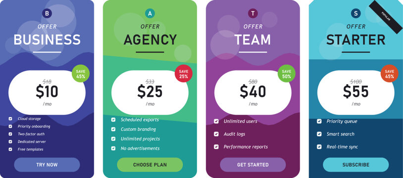 Modern pricing plan cards for business website subscription options Vector