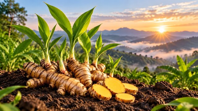 Freshly harvested organic ginger root with green shoots resting on farm soil against a scenic mountain sunrise background illustrating natural herbal medicine