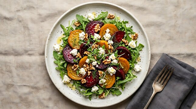 Fresh beet salad with goat cheese and walnuts on a round plate served with a fork on a grey stone table. roasted beet salad