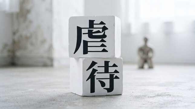 「虐待」の文字を刻んだ積み木と社会問題を示す背景のコンセプト画像
