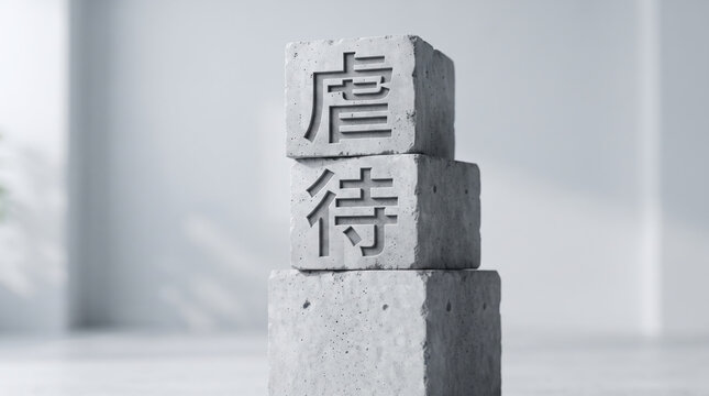 「虐待」の文字を刻んだコンクリートブロックで社会問題を表現した概念画像